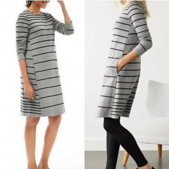 J. Jill Stripe Dress Medium TALL Gray Terry Cotton Long Sleeve Pockets Boho Warm - Picture 2 of 13